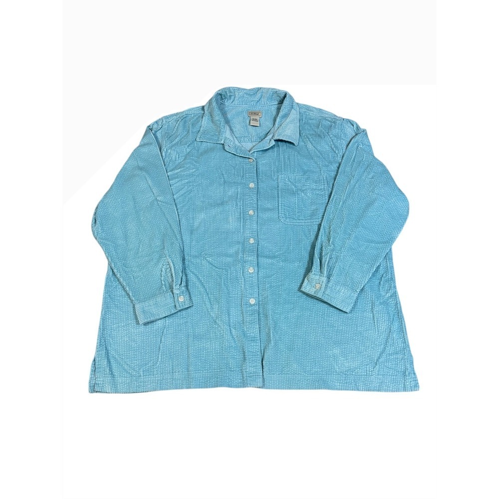 LL Bean Womens 3X Blue Corduroy Button Up Shirt Long Sleeve Classic Fit‎